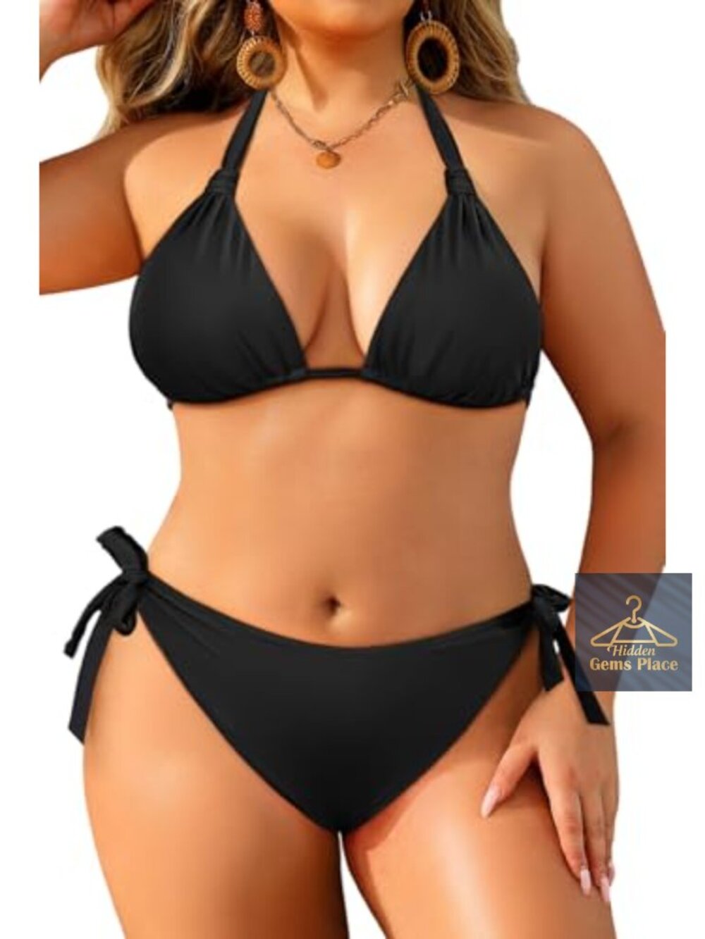 Plus Size Triangle Bikini Set Halter Adjustable Removable Pads